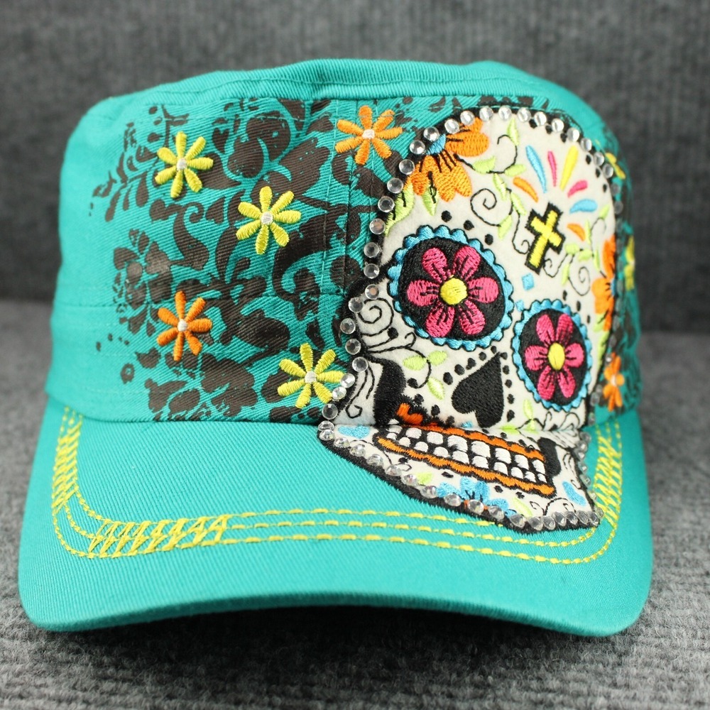 Savana Sugar Skull Hat Teal Dia De Los Muertos Streetwear Womens Strap back Y2k